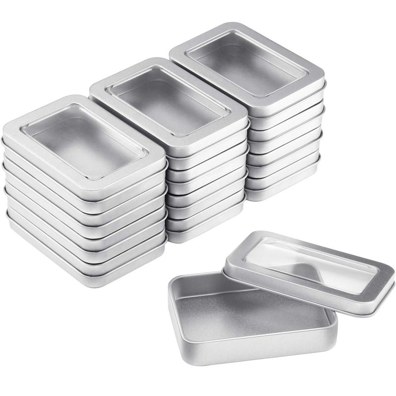 TecUnite 24 Pieces Tin Box Metal Tins with Lids Clear Top Empty Mini Portable Small Storage Tins Case for Home Candles, Candies, Gifts, Balms and Treasures, 3.4x2.4x0.8 Inch, Silver - Image 1